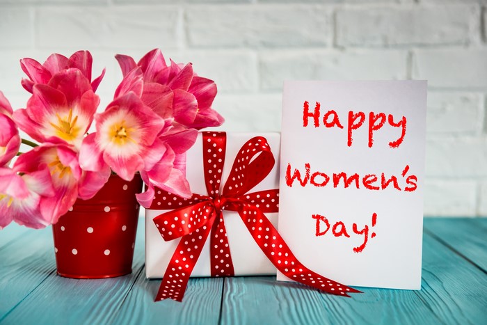 Happy Women's Day tulips and gift
