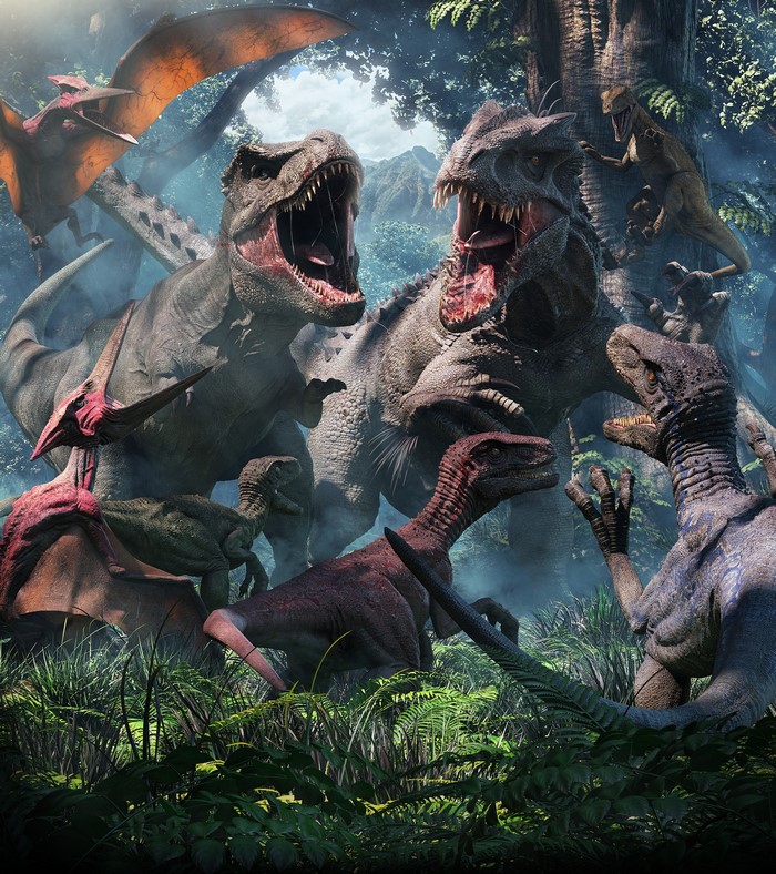 A group of dinosaurs in a prehistoric jungle