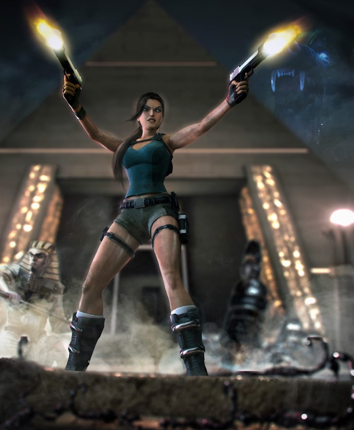 Lara Croft from Tomb Raider firing pistols in a tomb