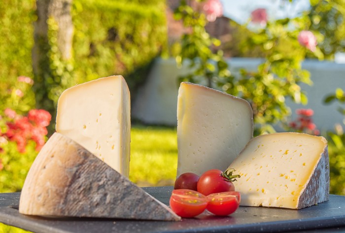 Assortment of cheeses with cherry tomatoes