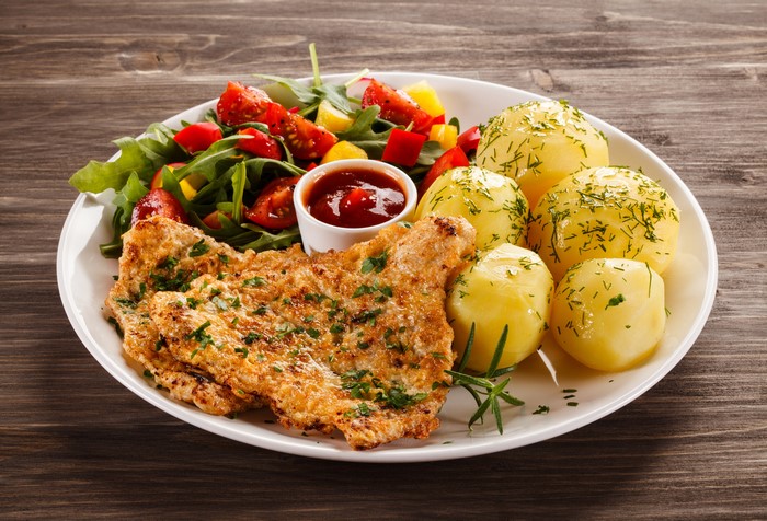 Fried meat with potatoes and salad