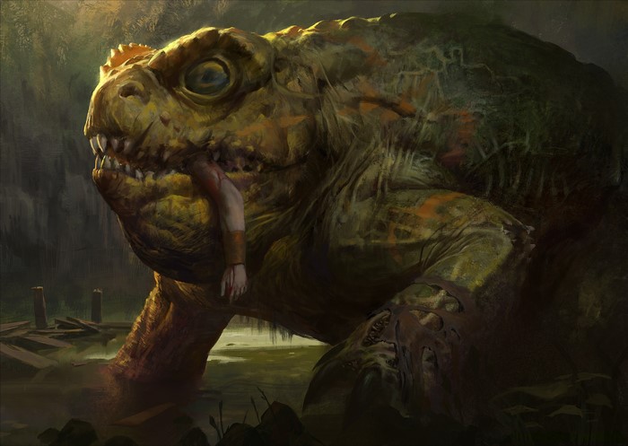 Giant monster turtle eating a human arm
