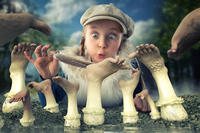 Girl with mushroom legs and feather