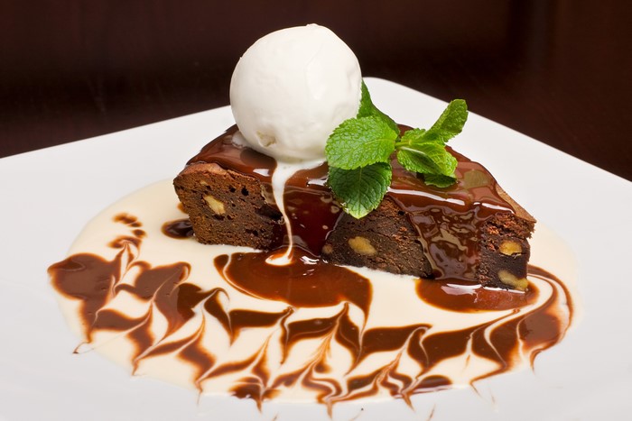Chocolate brownie with ice cream and mint