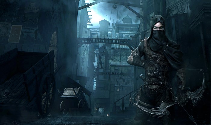 Garrett from Thief holding a crossbow in a dark city