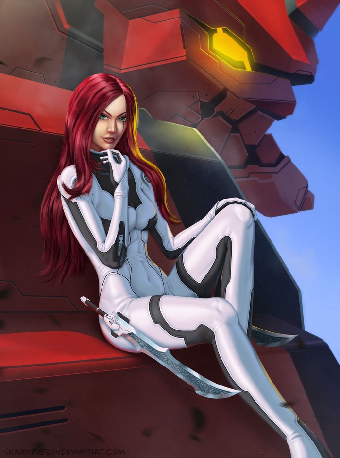 Katarina from League of Legends sitting with a mech