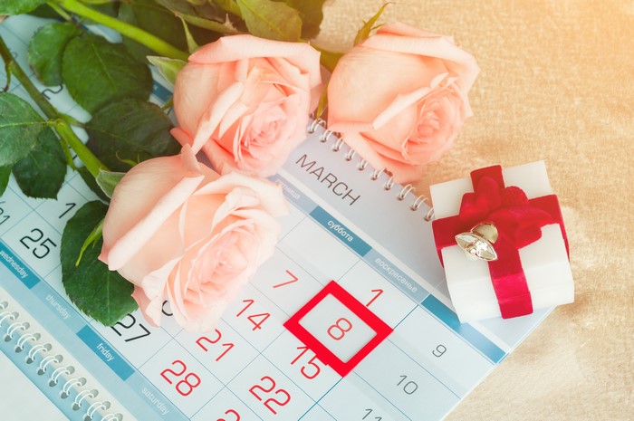 March 8th Calendar with Roses and Gift