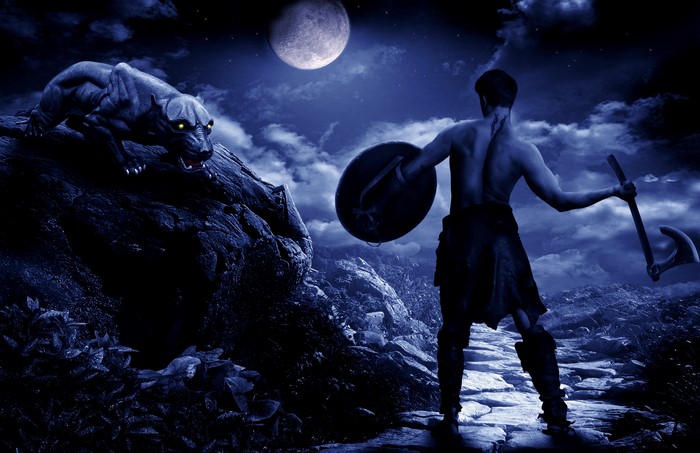 Warrior with shield and axe faces panther at night