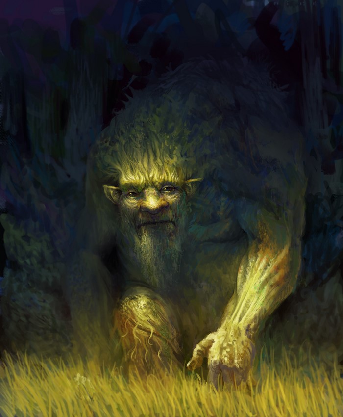 A moss-covered creature with a beard in a forest