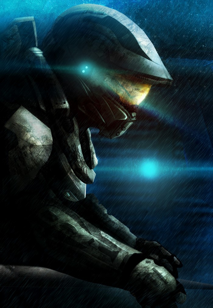 Master Chief from Halo in the rain