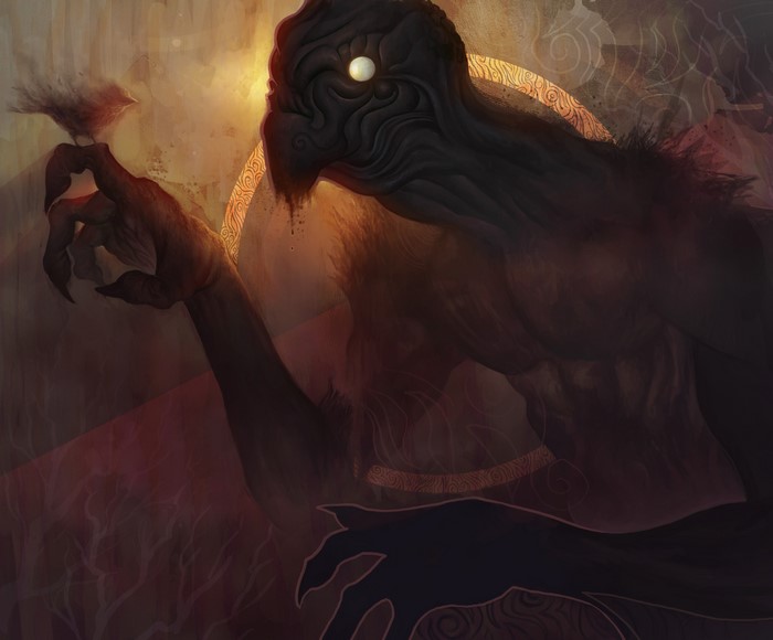 Monster holding a bird with a glowing eye