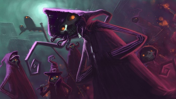 Monsters in hooded headgear at night