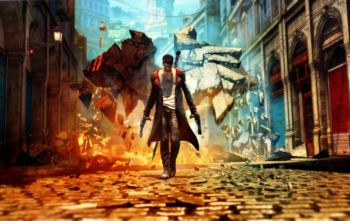 Dante from Devil May Cry in a destroyed city