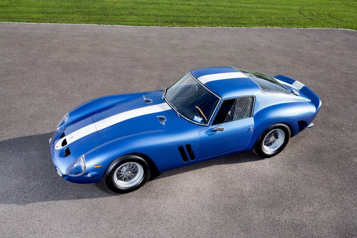 Blue 1962 Ferrari 250 GTO with white stripes