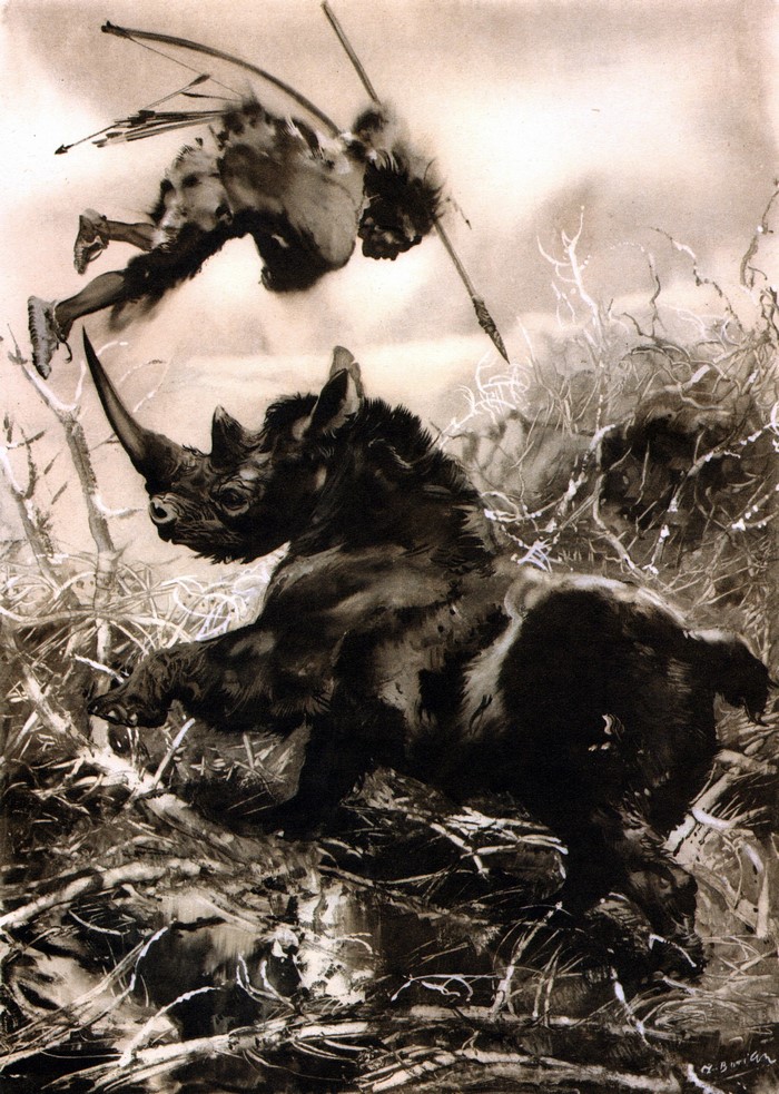 Prehistoric hunter spears a woolly rhinoceros