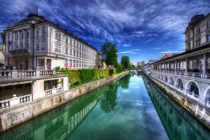 Ljubljana, Slovenia Canal with Buildings and Sky