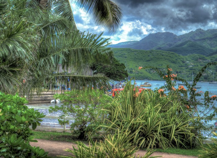 Tropical bay with mountains and boats