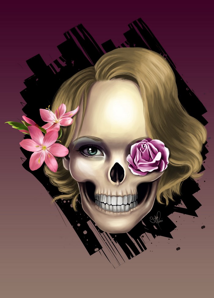 Skull with flowers and blonde hair