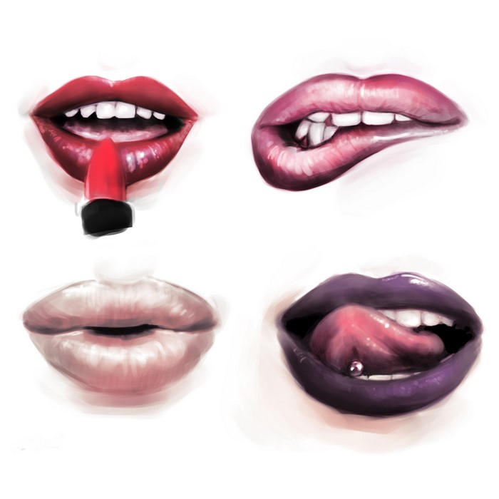 Four painted lips with lipstick and tongue piercing