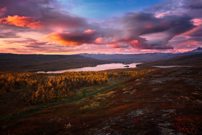 Autumn Lake Scenery at Sunset with Colorful Clouds