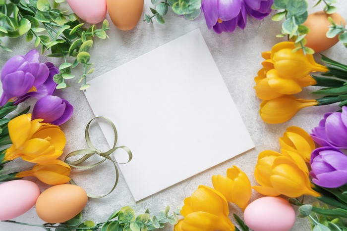 Easter Crocuses and Eggs Template Greeting Card