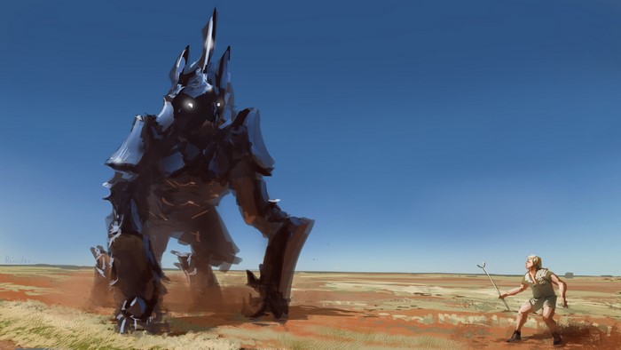 Robot and young man in a desert