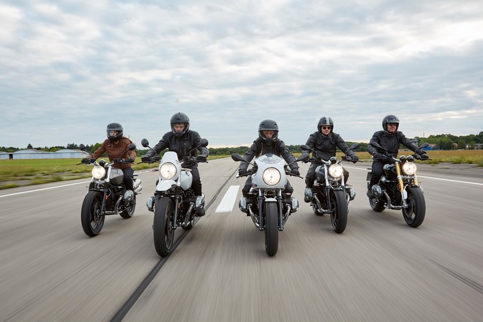BMW R nineT motorcycles on a runway