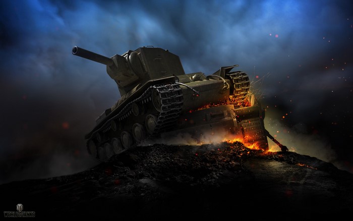 KV-2 Tank from World of Tanks on a fiery battlefield