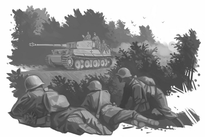 Soldiers hiding from a Tiger tank in a forest
