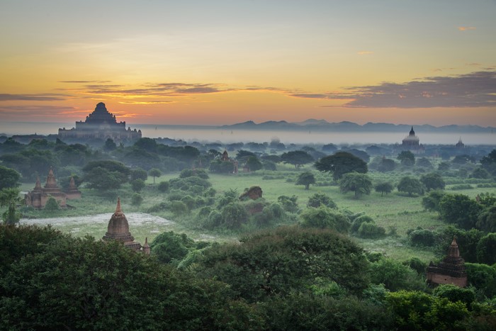Bagan Myanmar Temples at Sunset with Fog