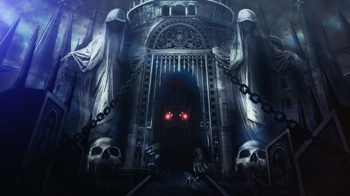Gothic Castle Entrance with Monster and Warrior