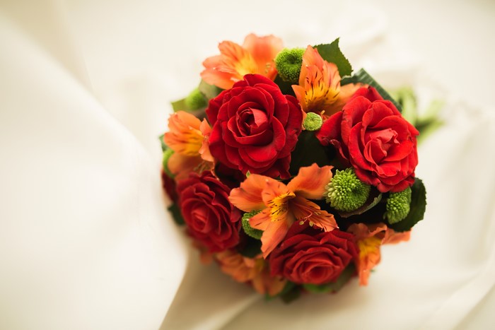 Bouquet of Red Roses and Orange Alstroemeria