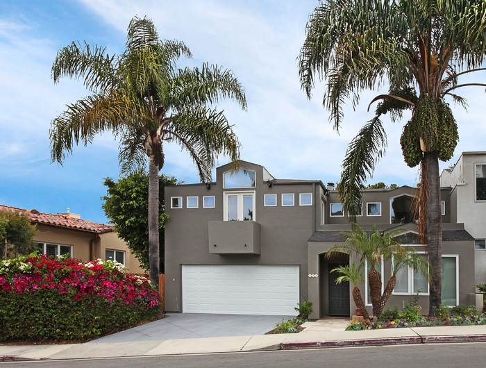 Modern house with palm trees and flowers
