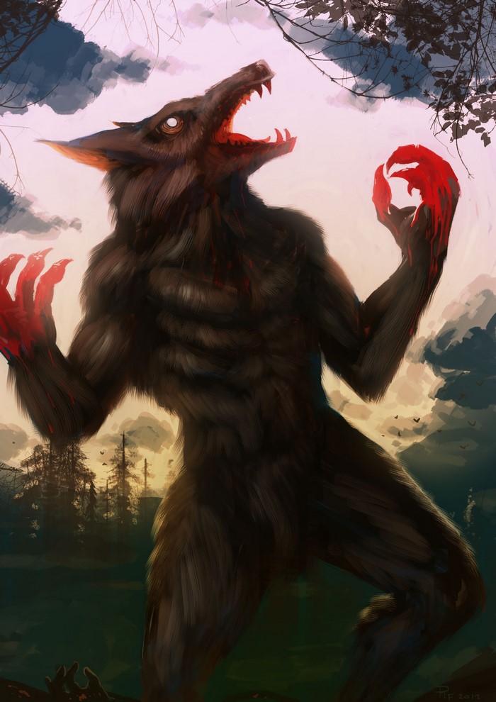 Werewolf Screaming with Bloody Hands in Forest
