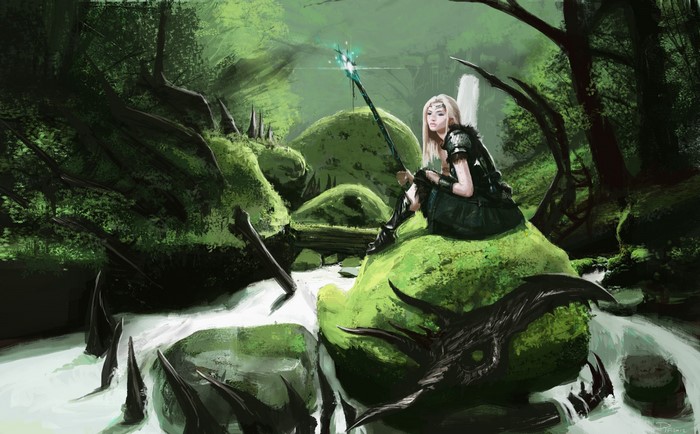 Woman with Mage Staff in a Mossy Forest