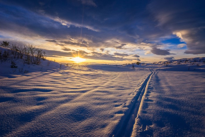 Winter sunset over a snowy landscape with ski tracks