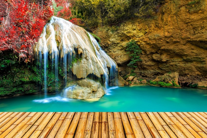Waterfall cascading into a turquoise pool with bamboo foreground
