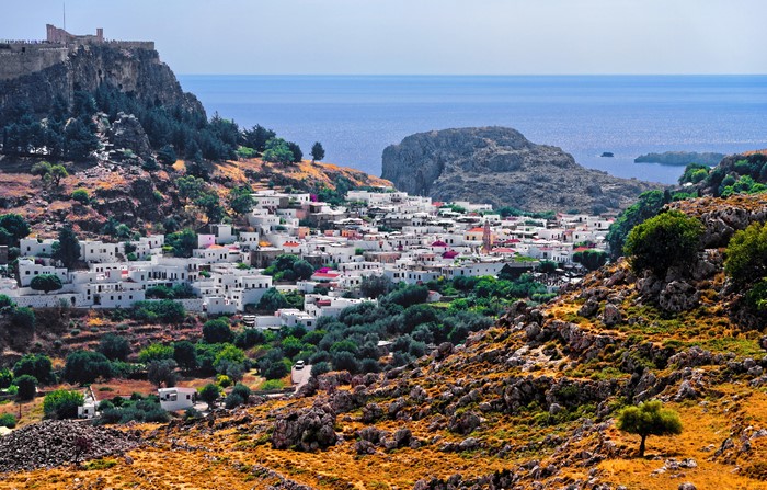 Lindos Rhodes Greece Houses Stones Crag 4K
