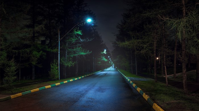 Road at night with street lights in Moscow, Russia