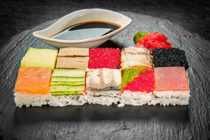 Assortment of Sushi Rolls with Soy Sauce