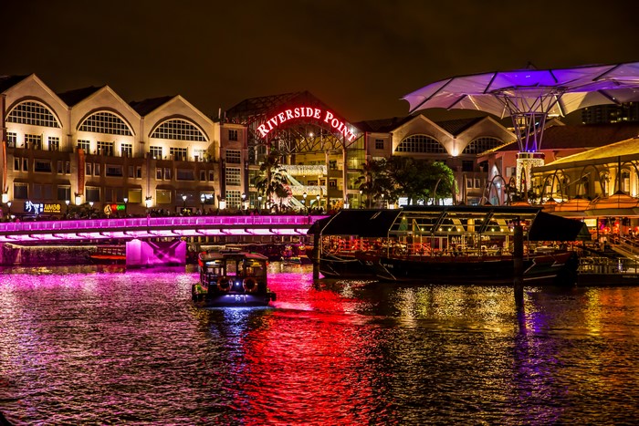 Singapore Riverside Point at Night with Boats