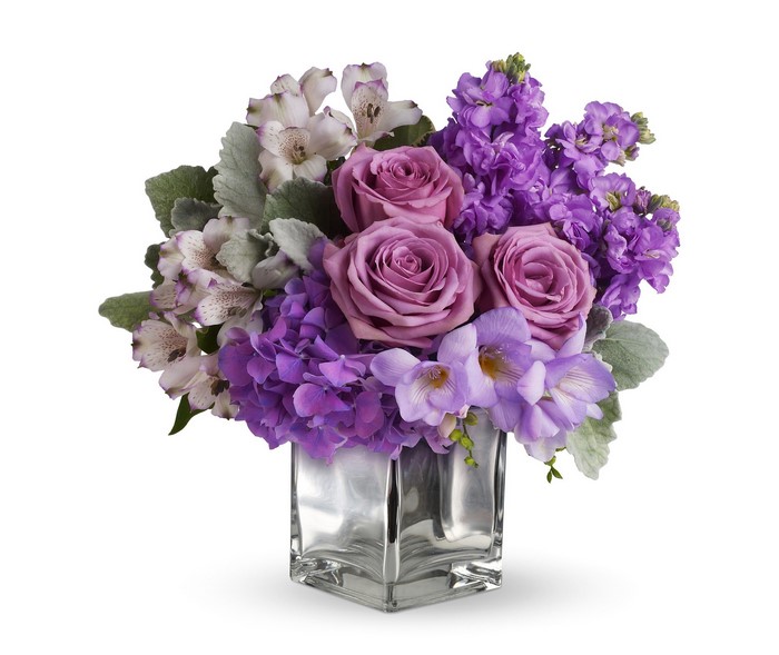 Purple Roses, Hydrangea, and Stock Flower Bouquet in Glass Vase