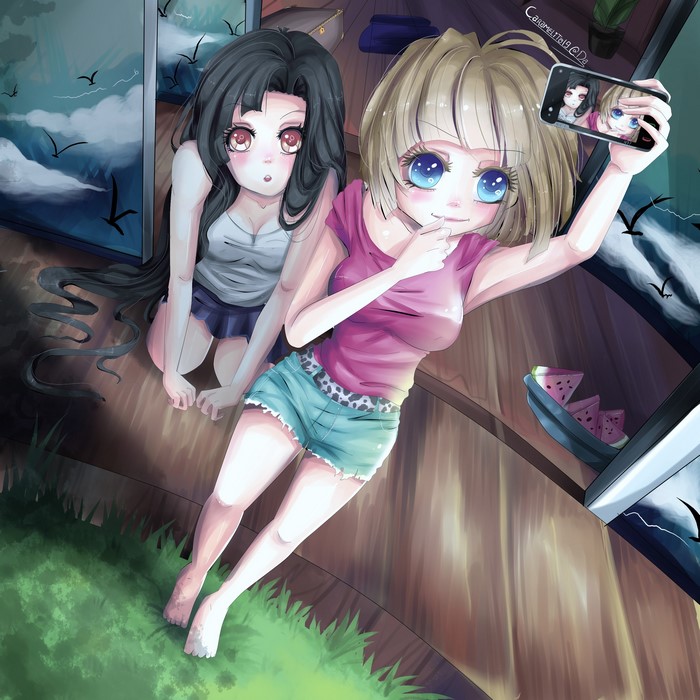 Two anime girls taking a selfie