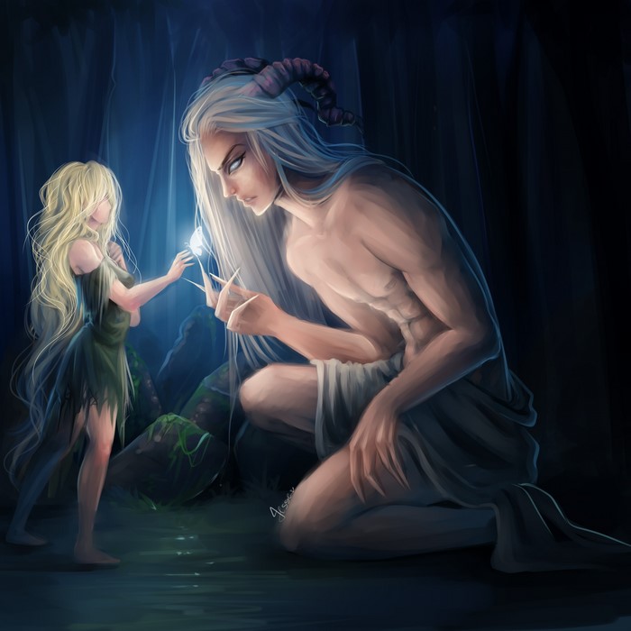 A blonde girl and a horned man with a glowing orb