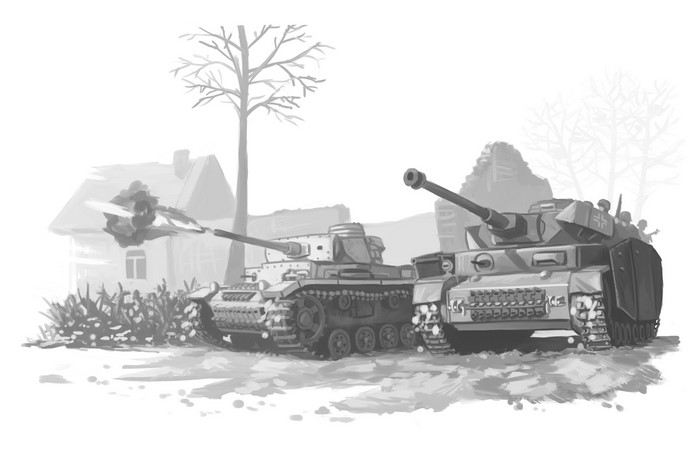 German tanks firing in a village