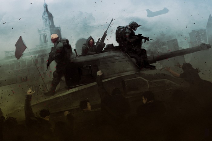 The Revolution: Soldiers on a Tank with a Red Flag