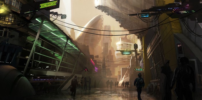 Futuristic city street with people and flying vehicles