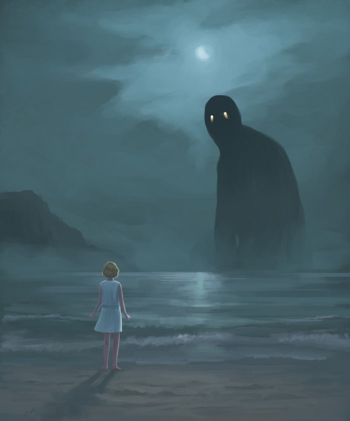 A girl faces a giant monster on a moonlit coast