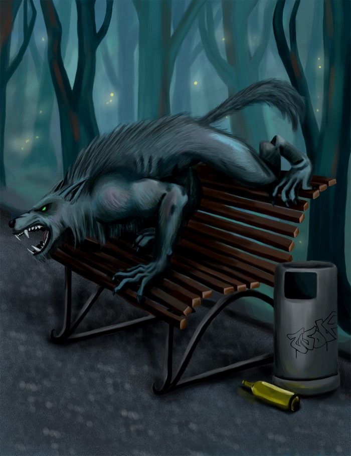 Werewolf on a park bench at night
