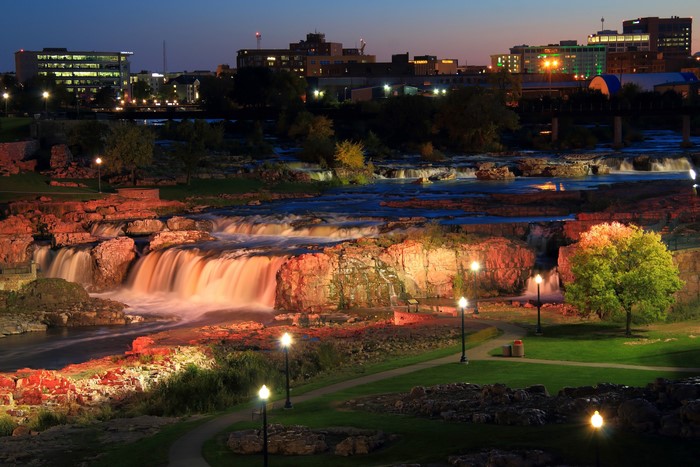 Falls Park waterfalls at night in South Dakota, USA